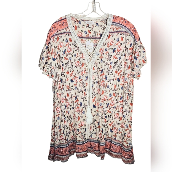 Suzanne Betro Periwinkle Blue/Pink/Cream Lace Up Flutter Sleeve Ruffle Tunic-1X - Picture 5 of 10